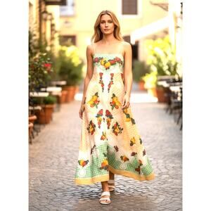Caroline Constas NWOT Linen Blend Fit & Flare Fruit Midi Dress MSRP $695 Sz Med